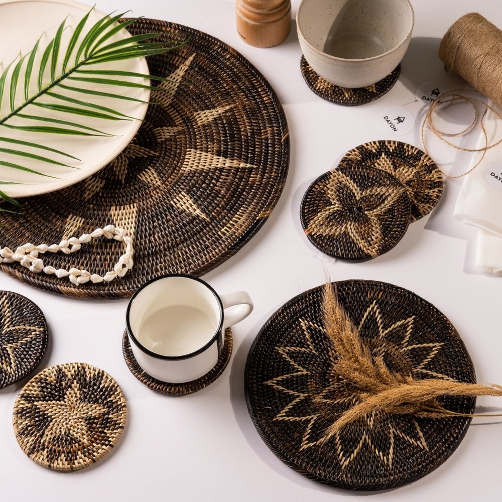 Set of 6-Piece Woven Nito Vine Coaster Set, Rattan Decor, Wicker, Boho